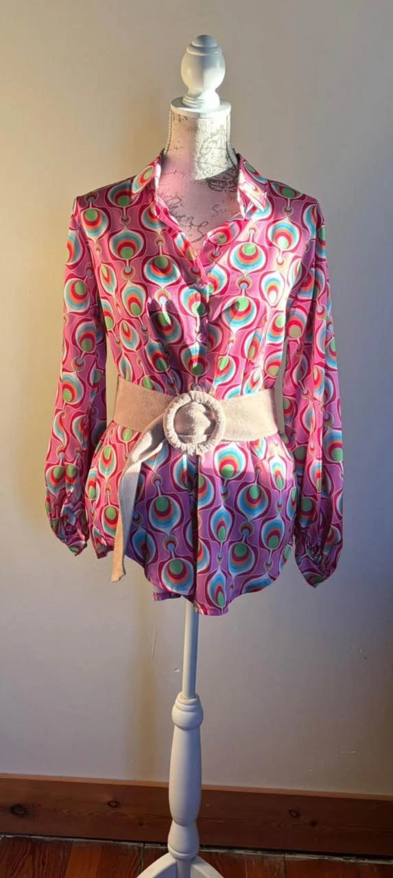 👚 Long satin pink & mint green 70ties blouse with buttons Made in Italy - 44 – photo 2